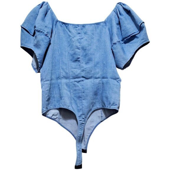 Denim Blue Womens Off-Shoulder Button-Up Bodysuit By Denim Blvd - Size S - Picture 2 of 10